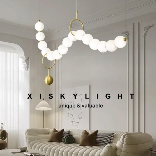 Modern Minimalist Necklace Shaped Glass Ball Pendant Light, Magic Bean Living Room Long Dining Table Light, Pendant Light